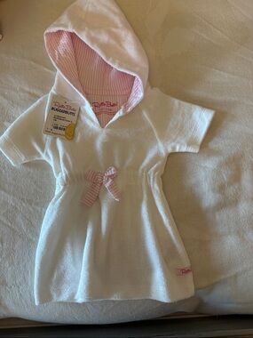 RuffleButts White Hooded Terry Cover Up with Pink Trim